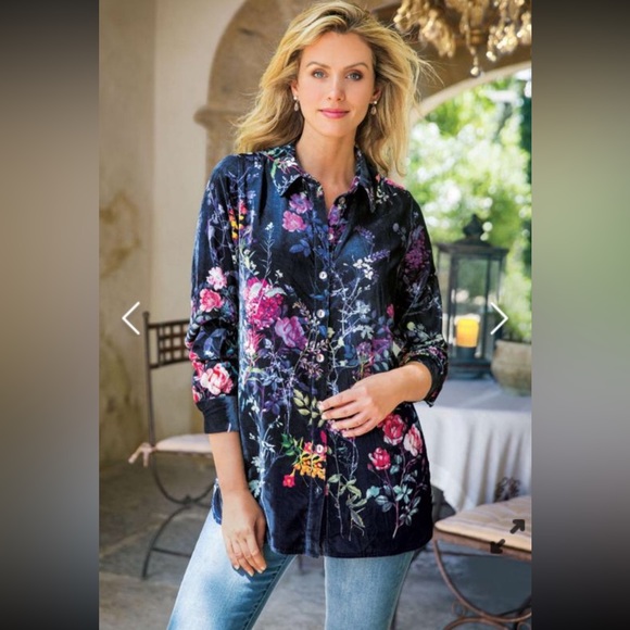 SOFT SURROUNDINGS Jardim Velvet Button Down Tunic Shirt - Petite Small - Picture 2 of 14
